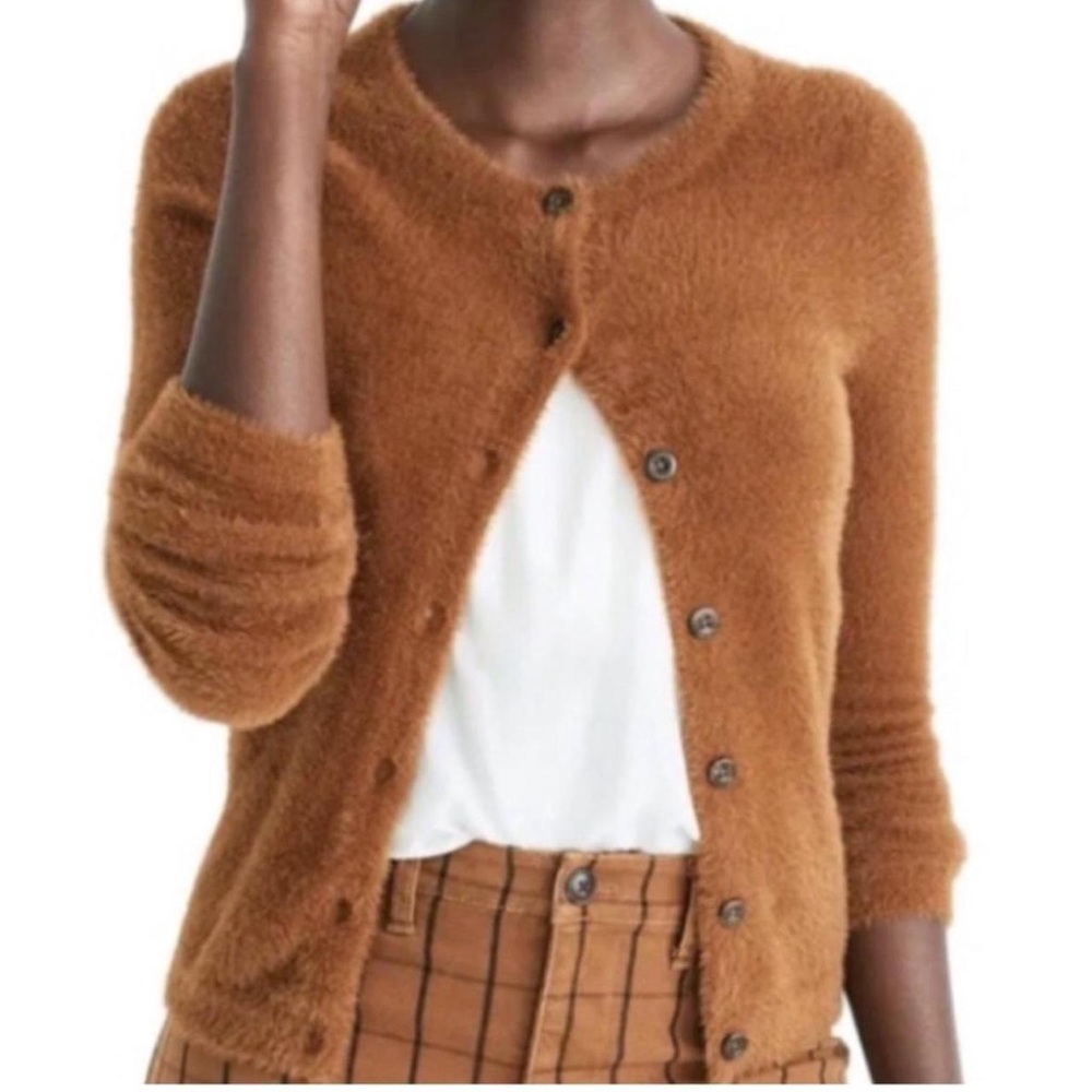 New Madewell Women Medium Fuzzy Hewitt Cardigan Camel Brown Sweater XXS